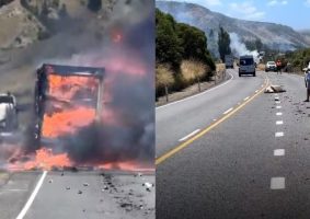 sh1 closed after truck catches fire