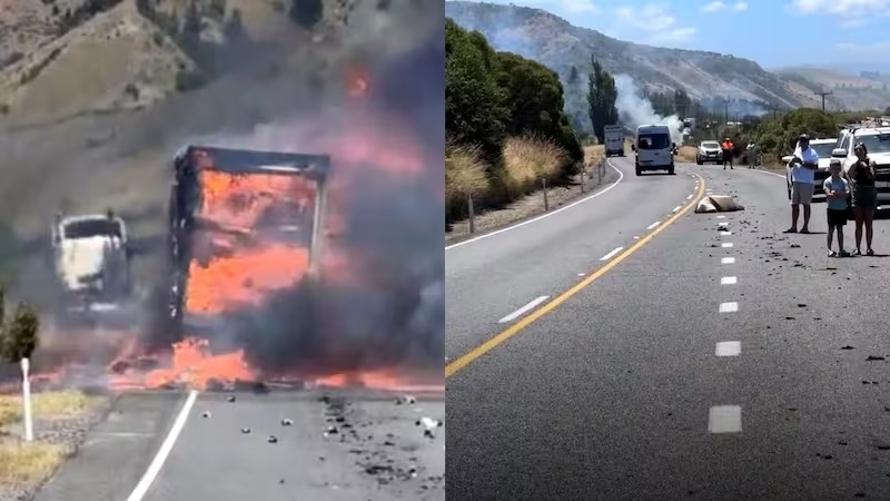 sh1 closed after truck catches fire